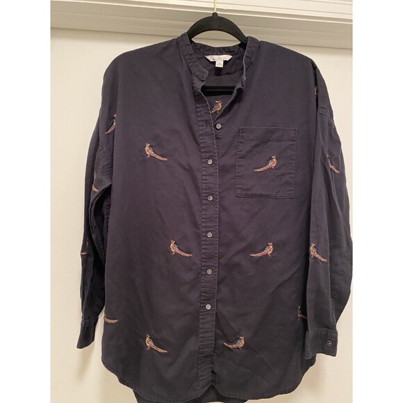 LL Bean Signature Oversized Button Down Shirt XS Blck Embroidered Pheasant Tunic - Picture 3 of 8
